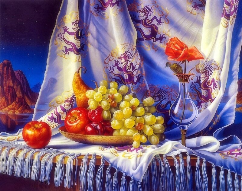 Fruit and Rose on Cloth — Blue