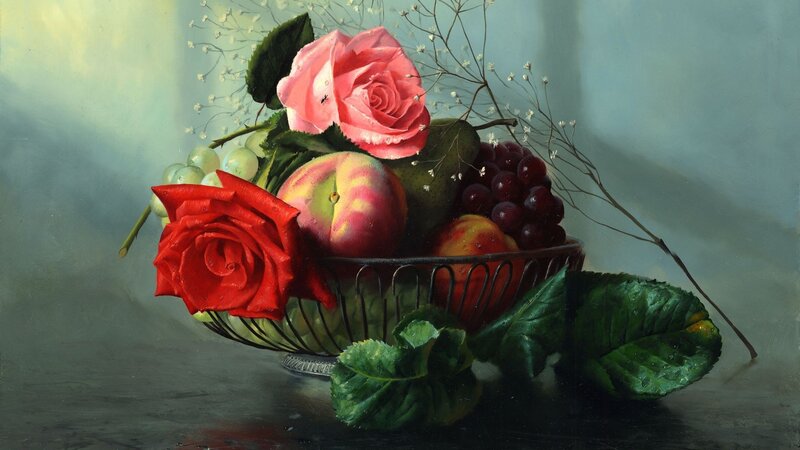 Fruit and Roses in Basket — Green, Serene