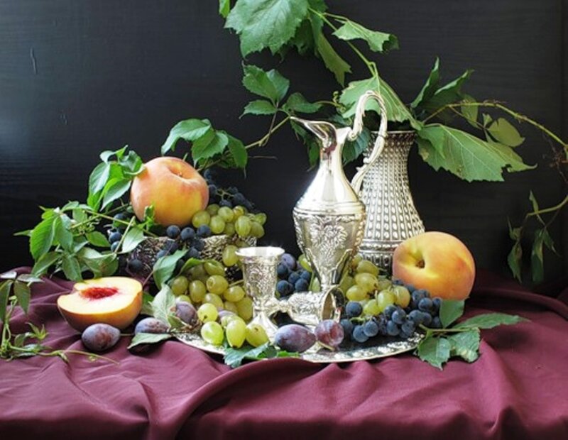 Fruit and Silverware on Cloth