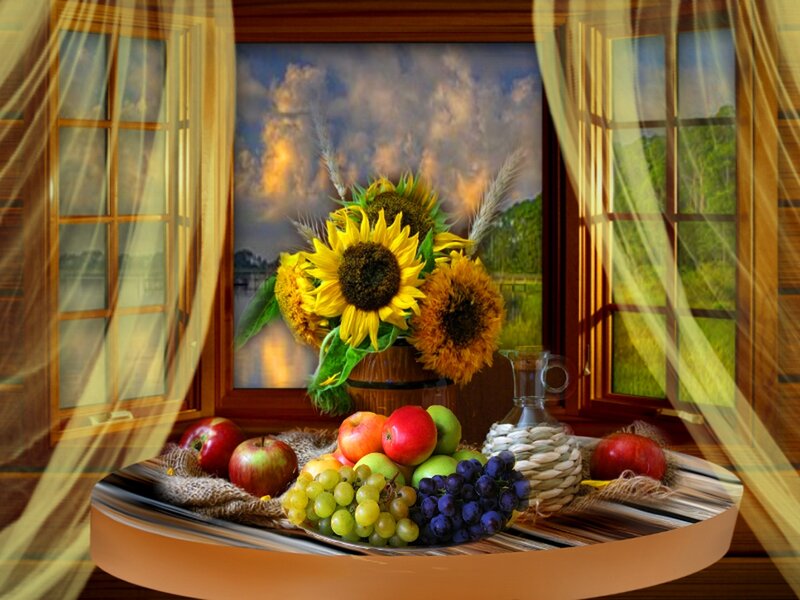 Fruit and Sunflowers on Table