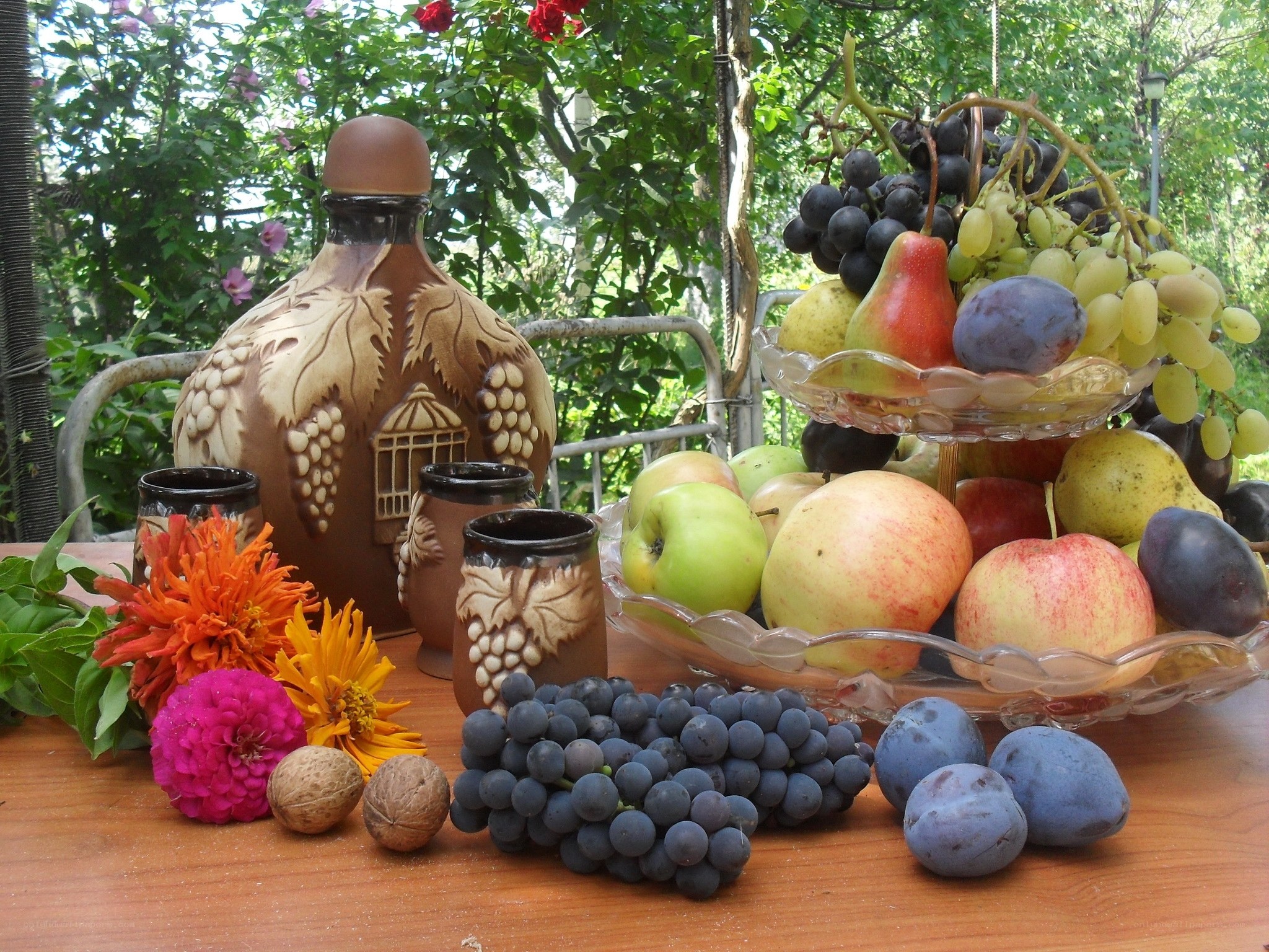 Fruit and wine on a wooden table