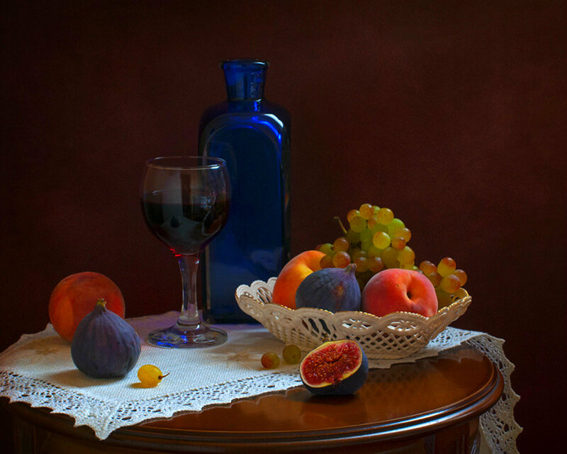Fruit and Wine on Table — Brown, Dramatic