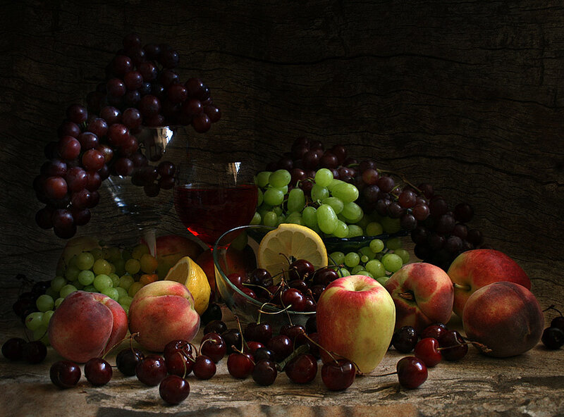 Fruit and Wine on Wood
