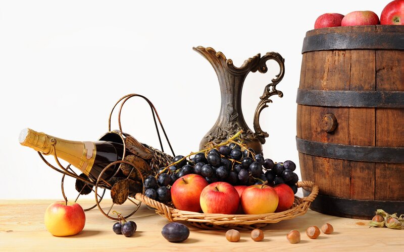 Fruit and Wine Still Life — Brown, Calm, Photograph
