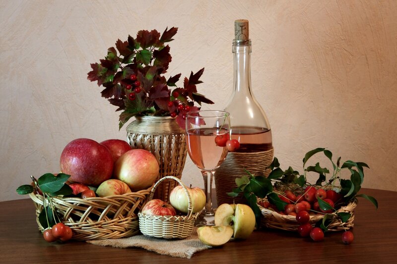 Fruit and Wine Still Life — Brown, Calm