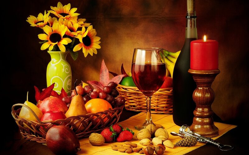 Fruit and Wine Still Life — Brown, Dramatic