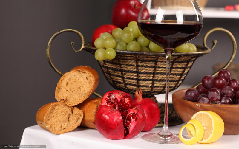 Fruit and Wine Still Life — Red, Calm, Photograph, Bread