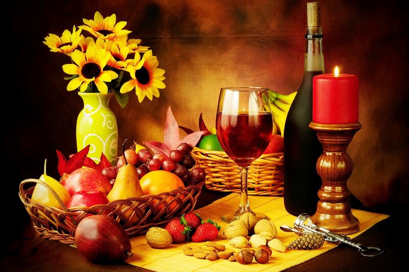Fruit and Wine Still Life — Yellow, Dramatic