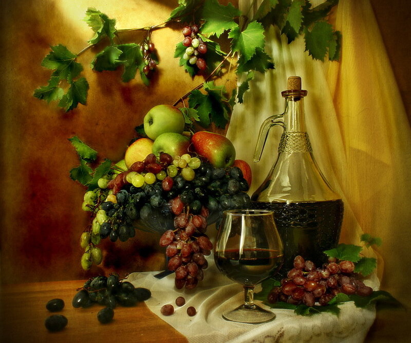 Fruit and Wine Still Life — Yellow