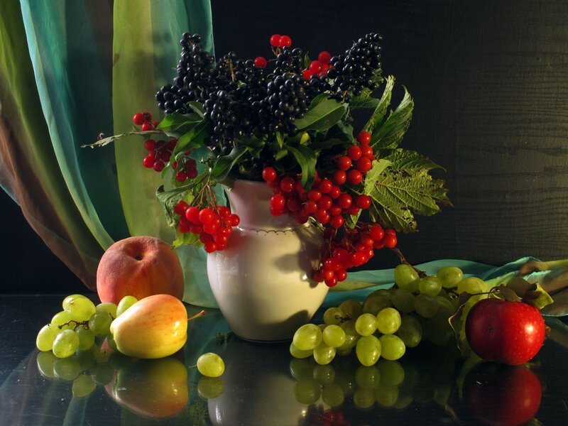 Fruit Arrangement in Vase — Green, Dramatic, Photograph