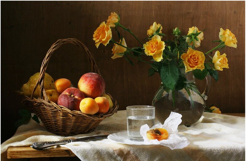 Fruit Basket and Flowers — Brown