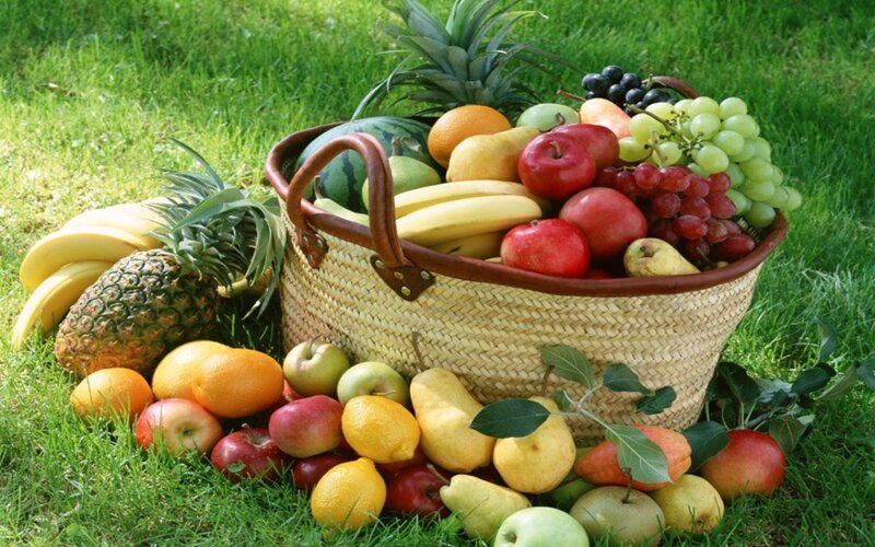 Fruit Basket on Grass — Green, Serene, Afternoon