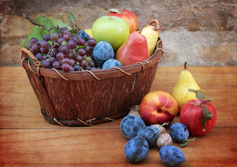 Fruit Basket on Table — Brown, Calm, Photograph, Grapes, Apples