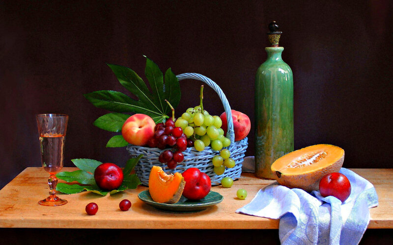 Fruit Basket on Table — Brown, Calm, Photograph, Grapes