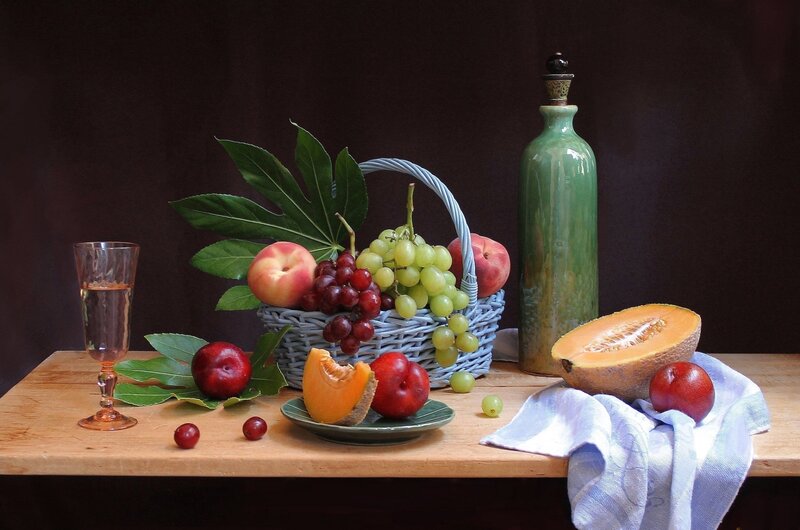 Fruit Basket on Table — Brown, Calm, Photograph