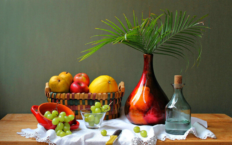 Fruit Basket on Table — Brown, Calm, Photograph, Vase