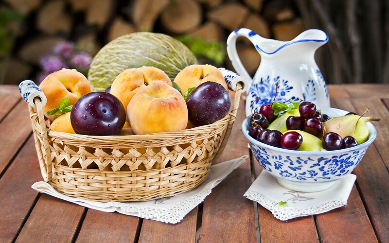 Fruit Basket on Table — Brown, Serene