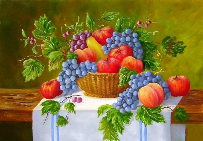 Fruit Basket on Table — Green, Calm, Painting, Apples