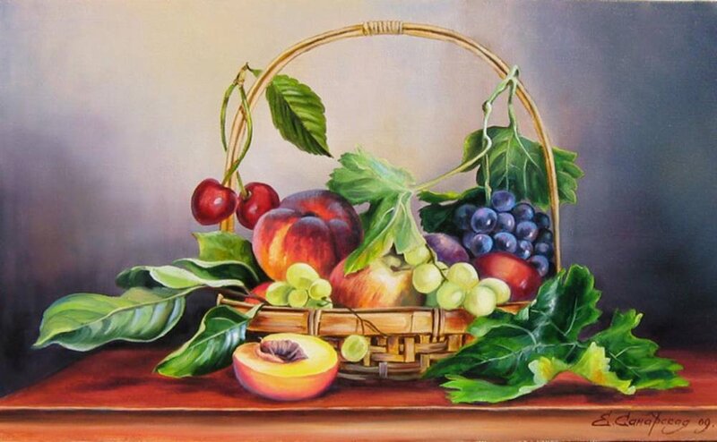 Fruit Basket on Table — Green, Calm, Painting
