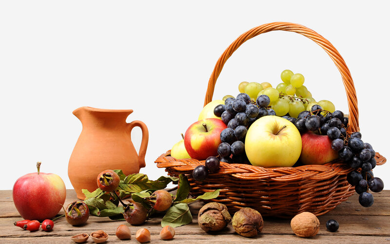 Fruit Basket on Wood — Brown, Calm, Photograph