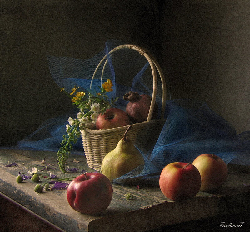 Fruit Basket on Wooden Table — Blue