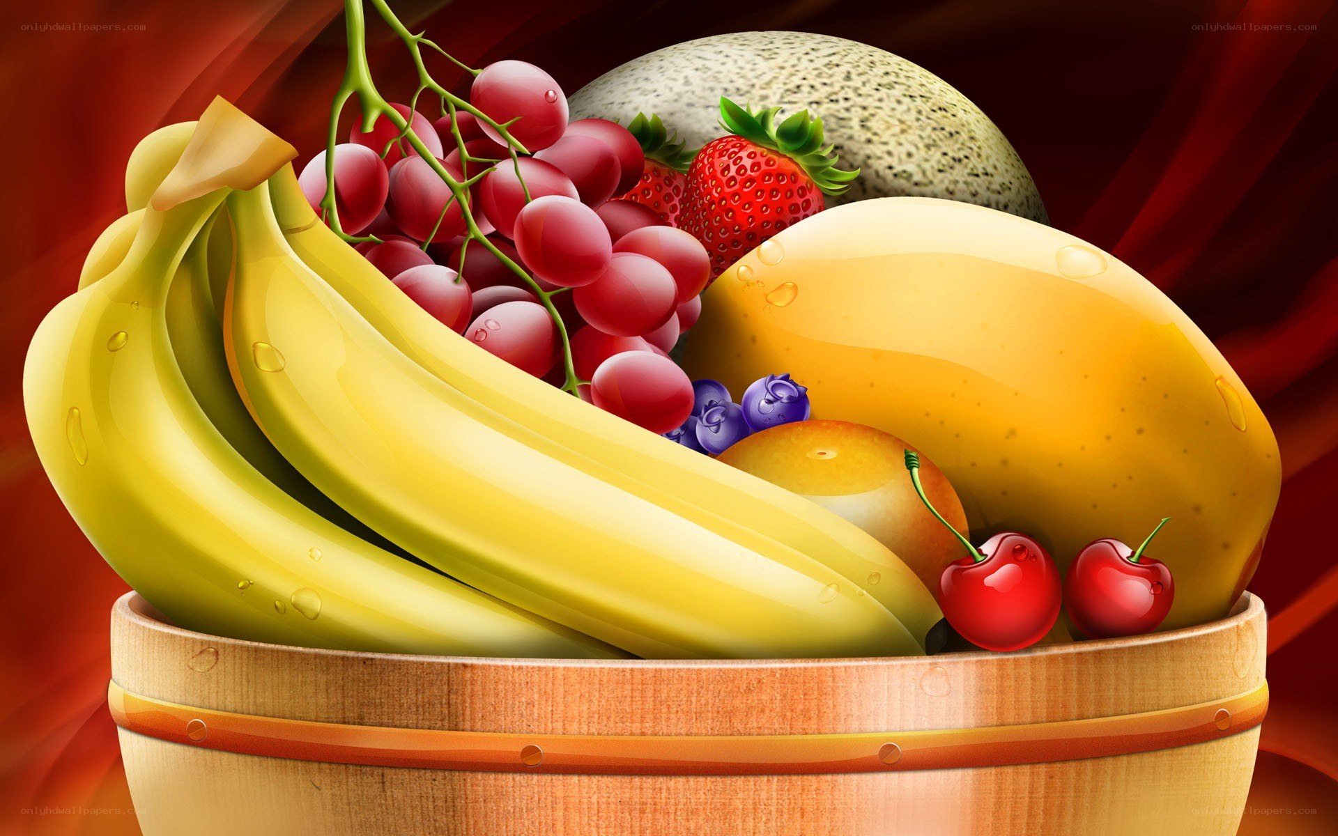 fruit basket with bananas and grapes