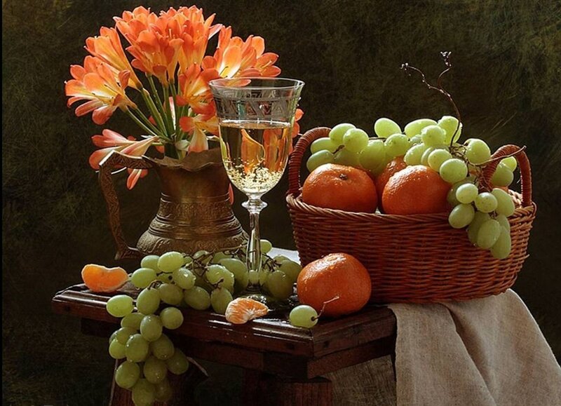 Fruit Basket with Flowers — Orange, Calm