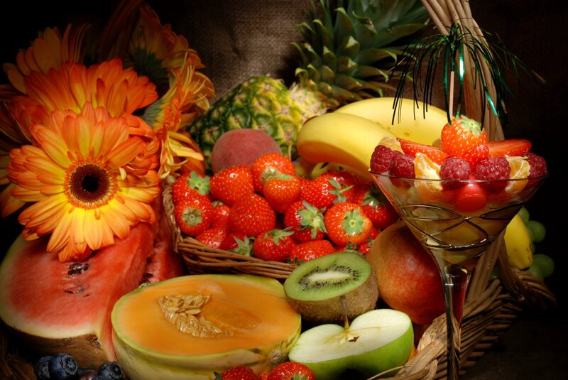 Fruit Basket with Flowers — Orange, Vibrant