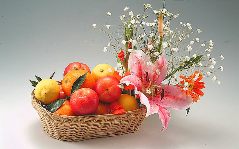 Fruit Basket with Flowers — Pink