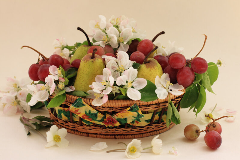 Fruit Basket with Flowers — White