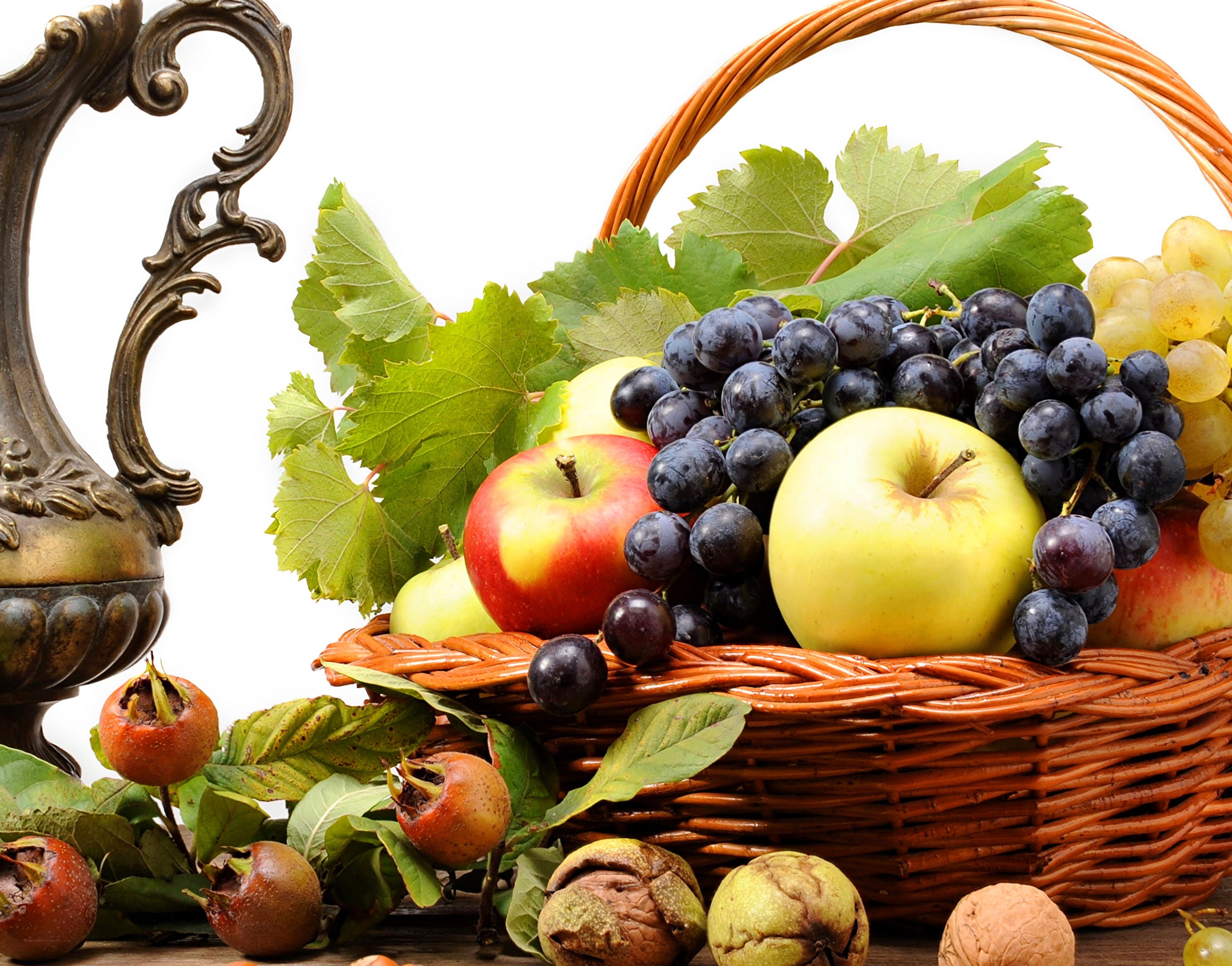fruit basket with grapes and apples
