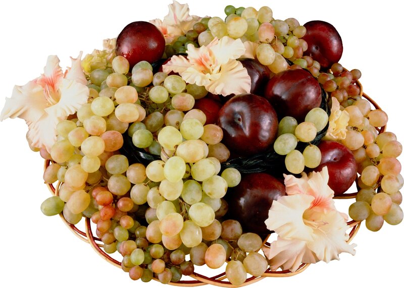 fruit basket with grapes and plums