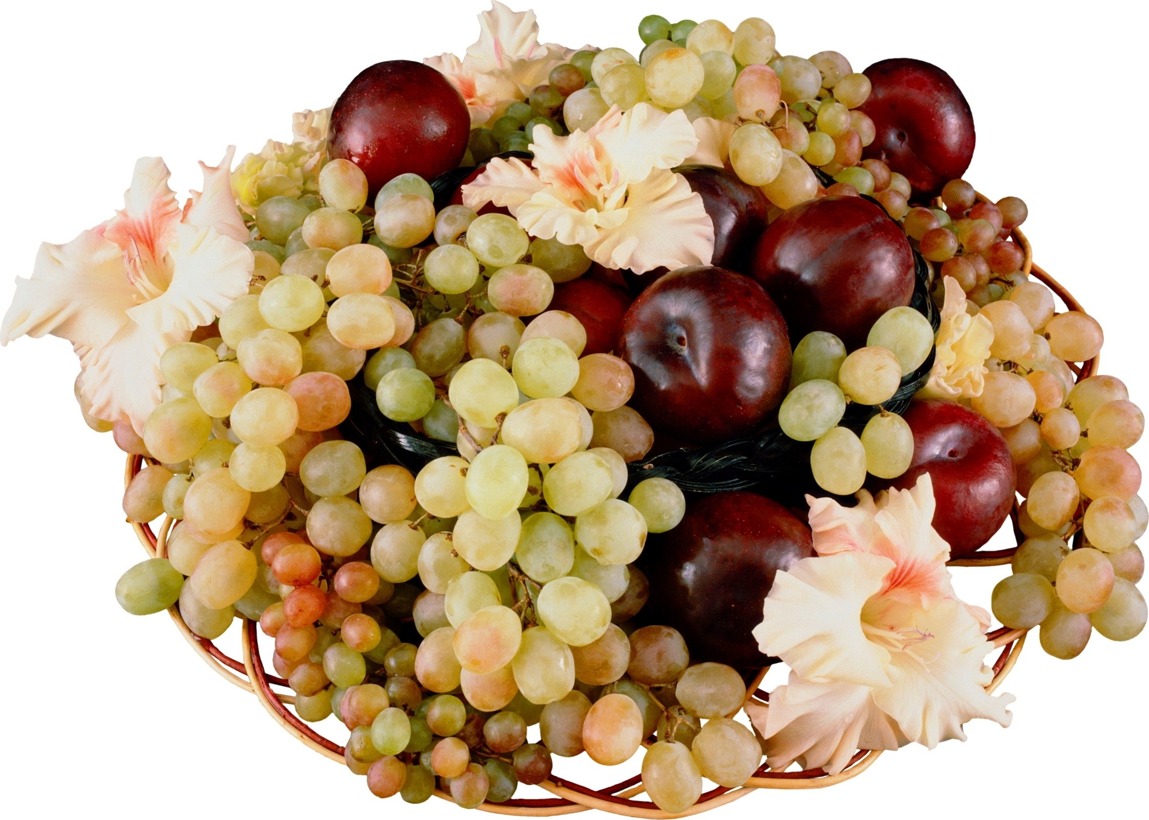 fruit basket with grapes and plums