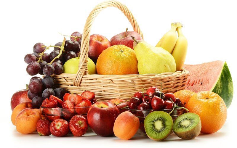 Fruit Basket with Produce — White, Fresh, Photograph