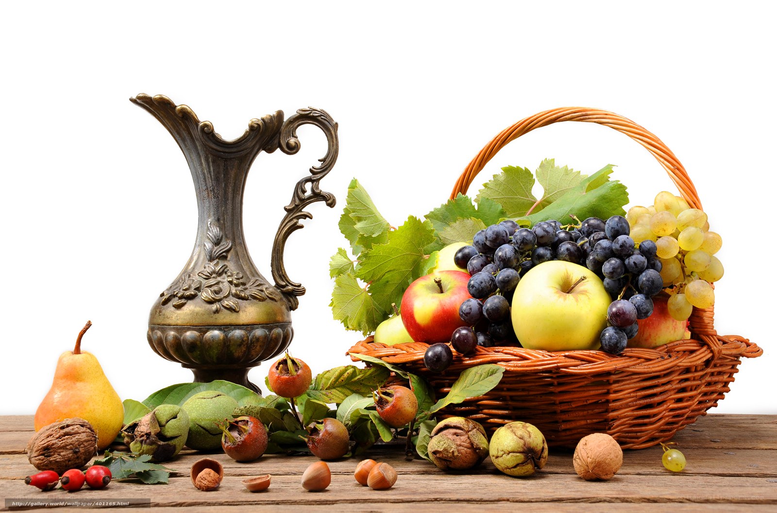 fruit basket with vintage pitcher