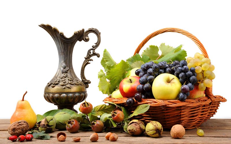 fruit basket with vintage pitcher