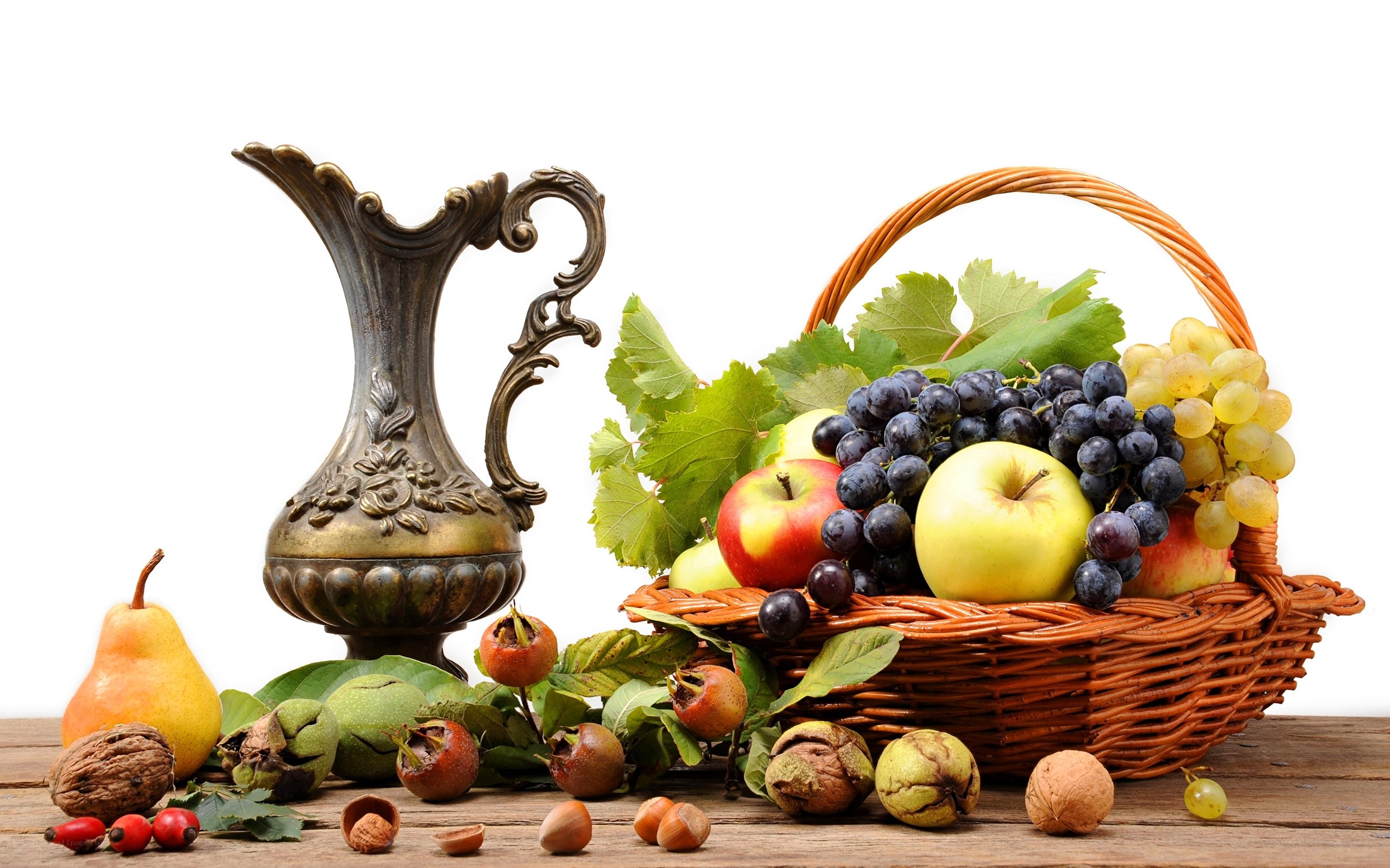 fruit basket with vintage pitcher