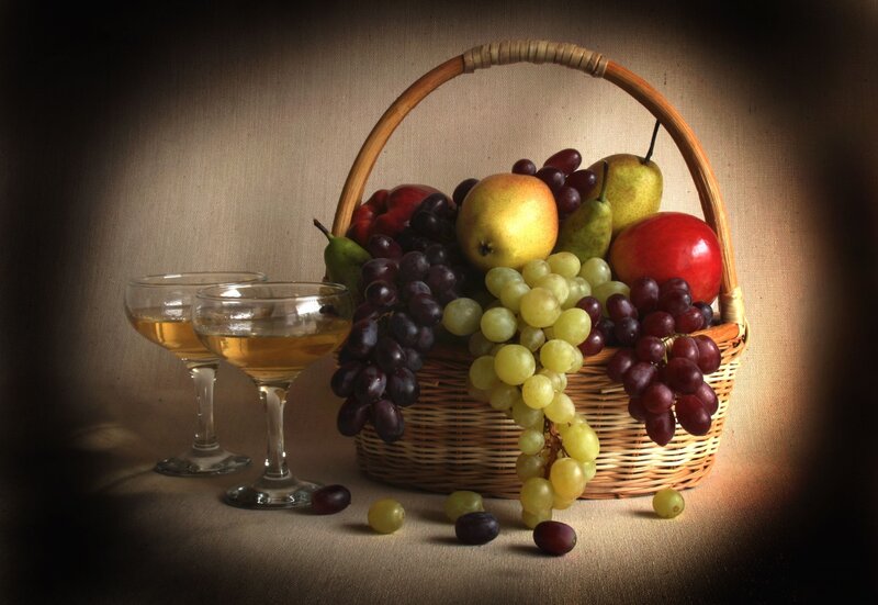 Fruit Basket with Wine — Brown, Dramatic, Photograph