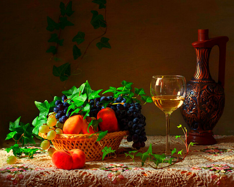 Fruit Basket with Wine — Brown, Dramatic