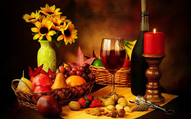 Fruit Basket with Wine — Brown