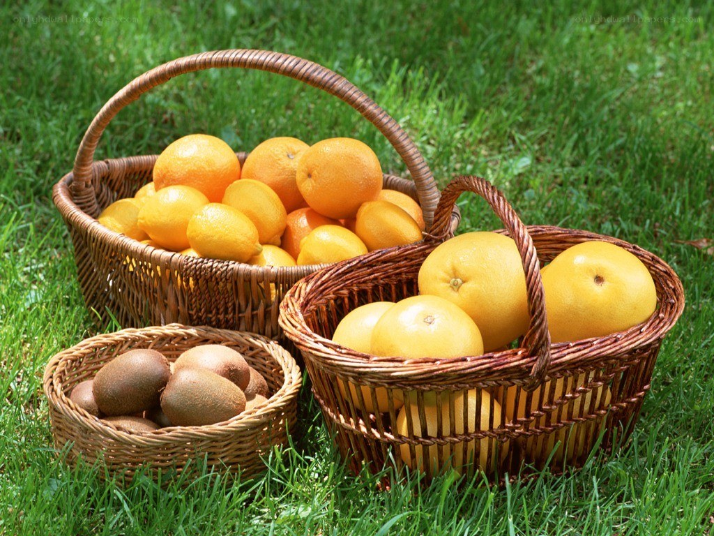 Fruit baskets on grass