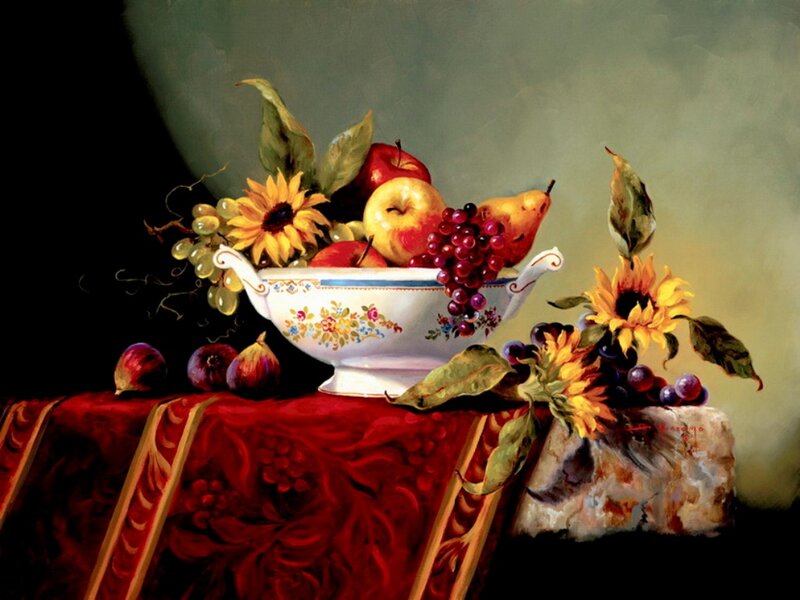 Fruit Bowl on Red Cloth