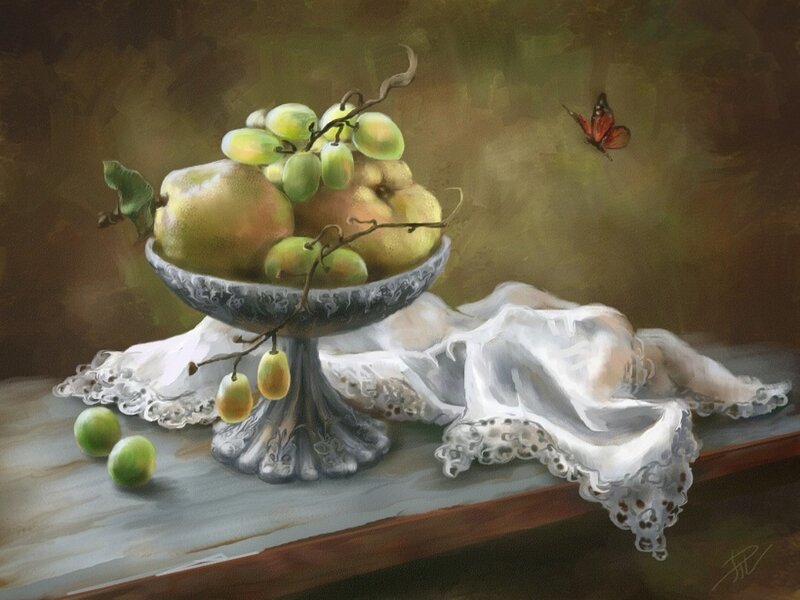 Fruit Bowl with Butterfly — Green