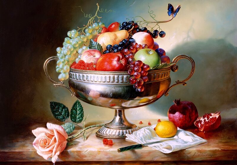 Fruit Bowl with Rose — Silver, Dramatic, Painting