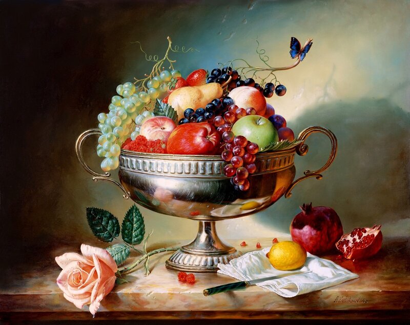 Fruit Bowl with Rose — Silver, Dramatic