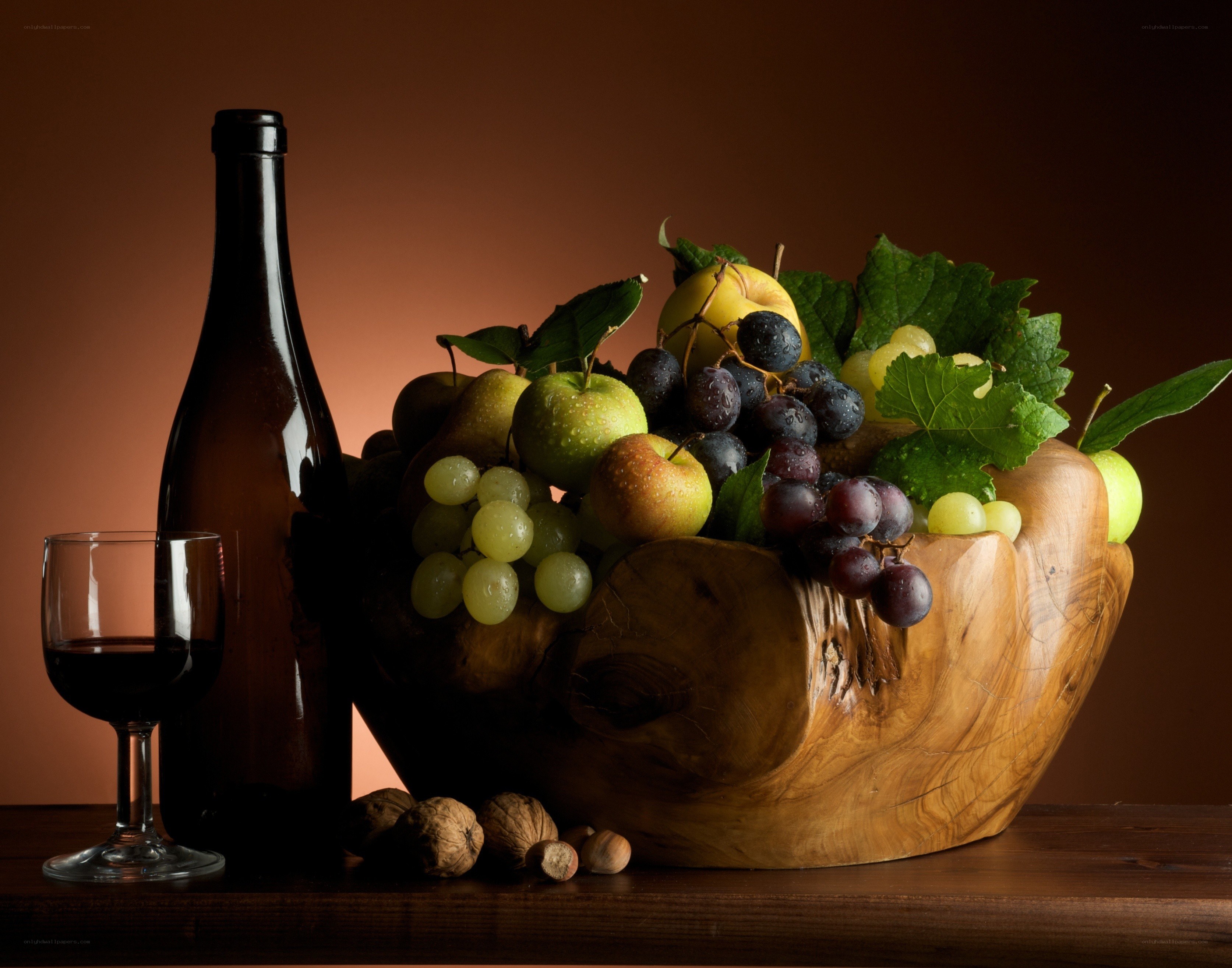 fruit bowl with wine bottle