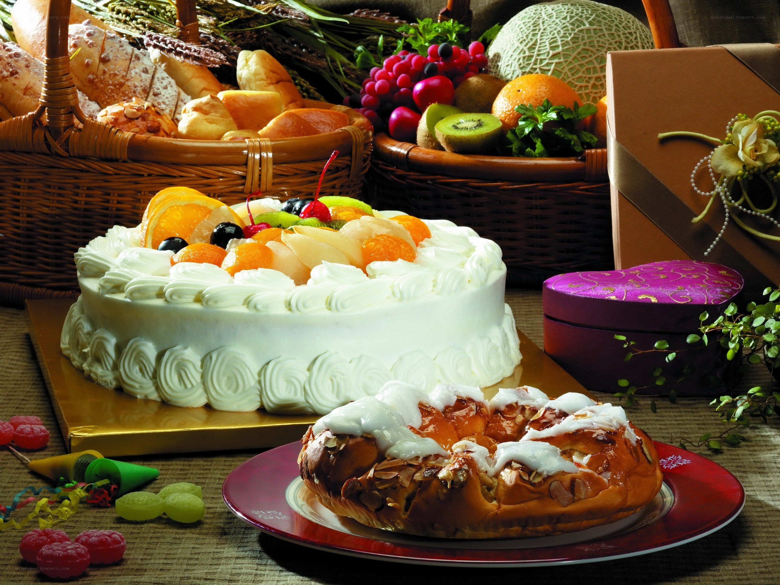 Fruit cake and pastries display