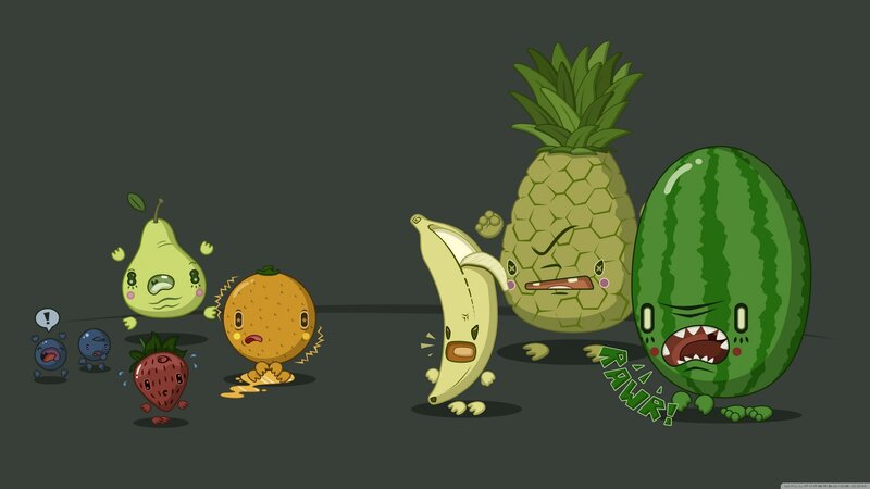 Fruit characters in a cartoon scene