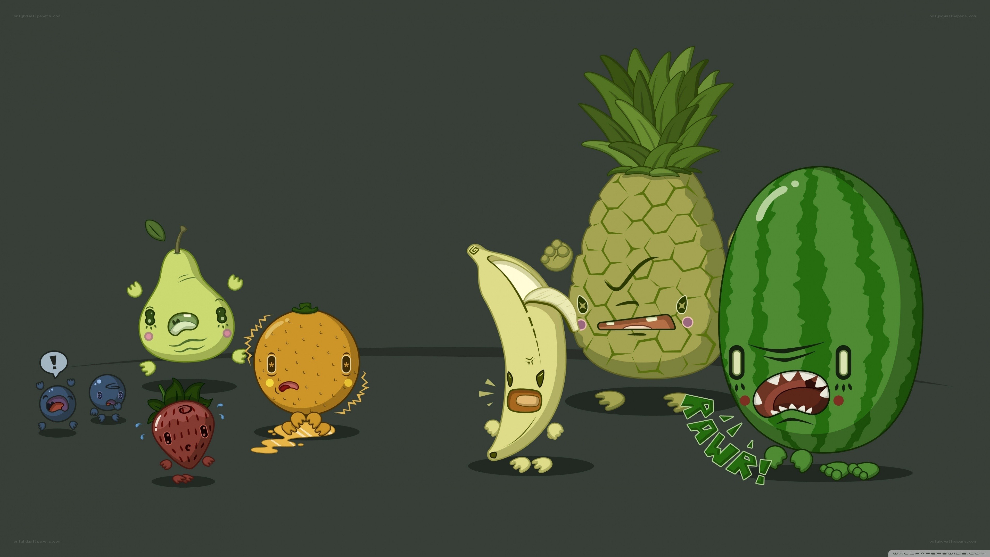 Fruit characters in a cartoon scene