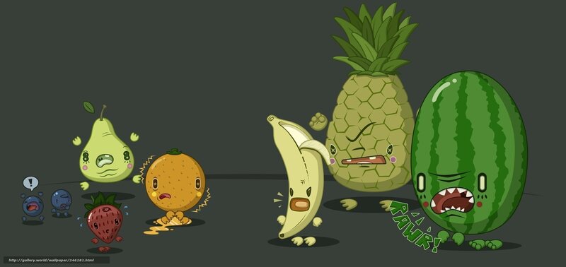 Fruit characters in a cartoon scene